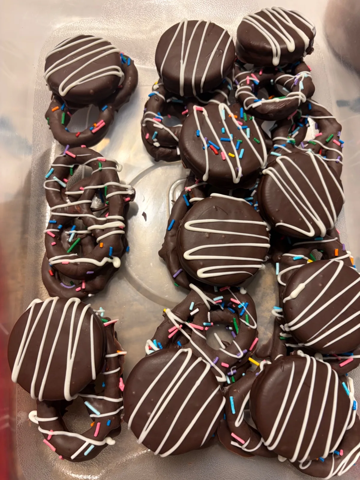 Chocolate dipped Oreos, pretzels